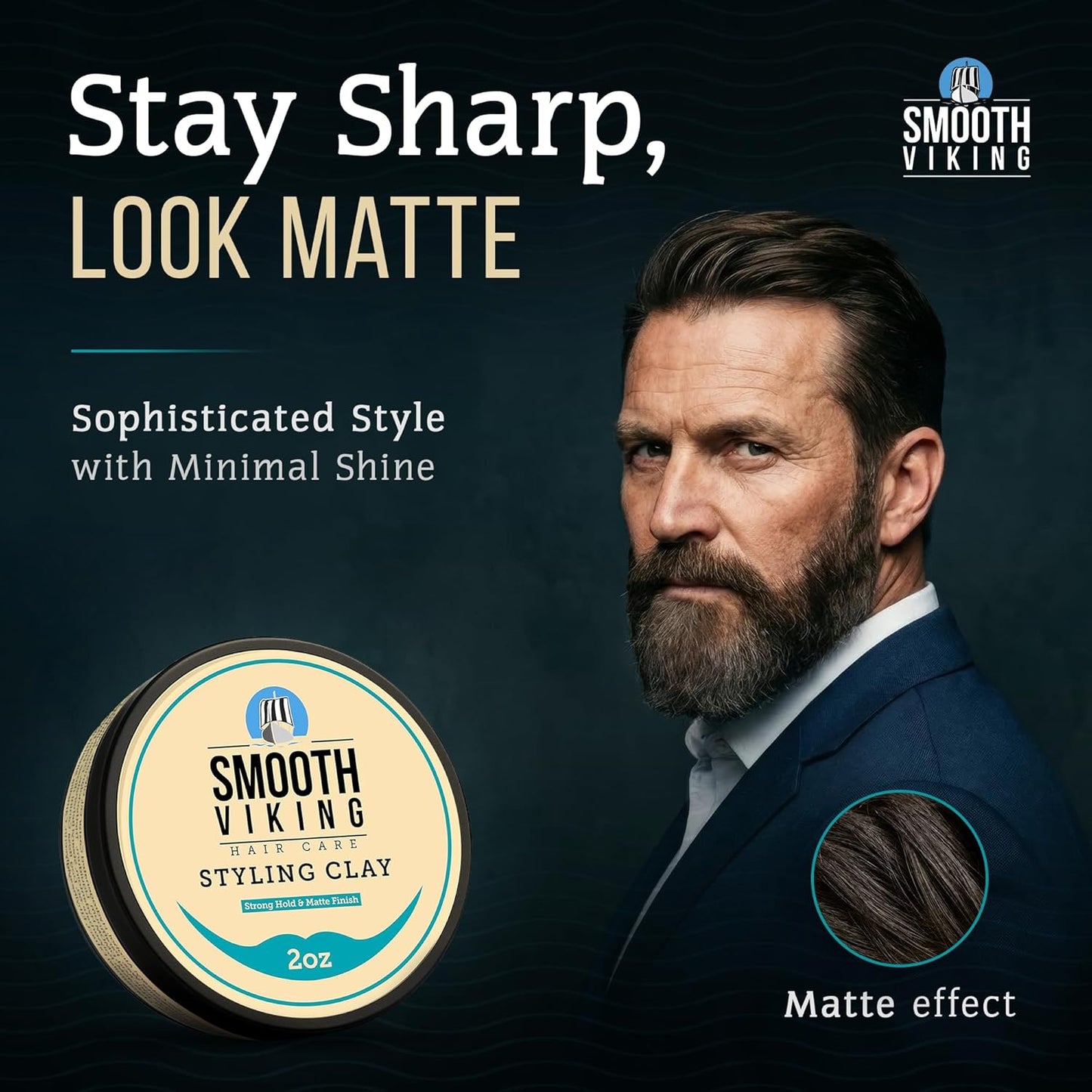 Smooth Viking Hair Clay - Strong Hold Pomade with Matte Finish, Oil-Free, 2oz | Ideal for All Hair Types