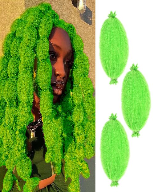 ADIASAI 3 Packs Green Springy Afro Twist Hair with Crochet Hook, 24 Inch Pre-Separated Marley Crochet Braiding Hair for Distressed Soft Locs, Synthetic Hair Extension for Black Women