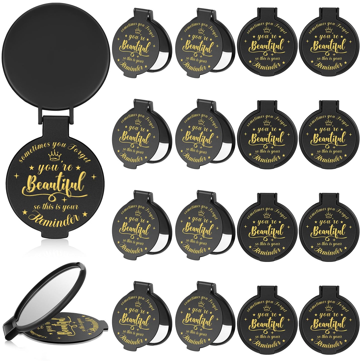 Gulfmew 18 Pcs 2.76 Inch Inspirational Compact Mirror Bulk Round Makeup Glass Mirror Personal Purse Pocket Mini Gifts for Women Galentines Coworker Teacher Graduation Friends (Black)