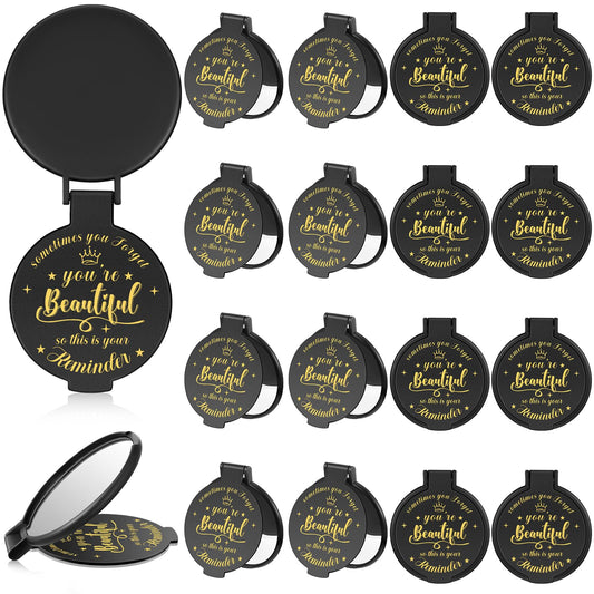 Gulfmew 18 Pcs 2.76 Inch Inspirational Compact Mirror Bulk Round Makeup Glass Mirror Personal Purse Pocket Mini Gifts for Women Galentines Coworker Teacher Graduation Friends (Black)