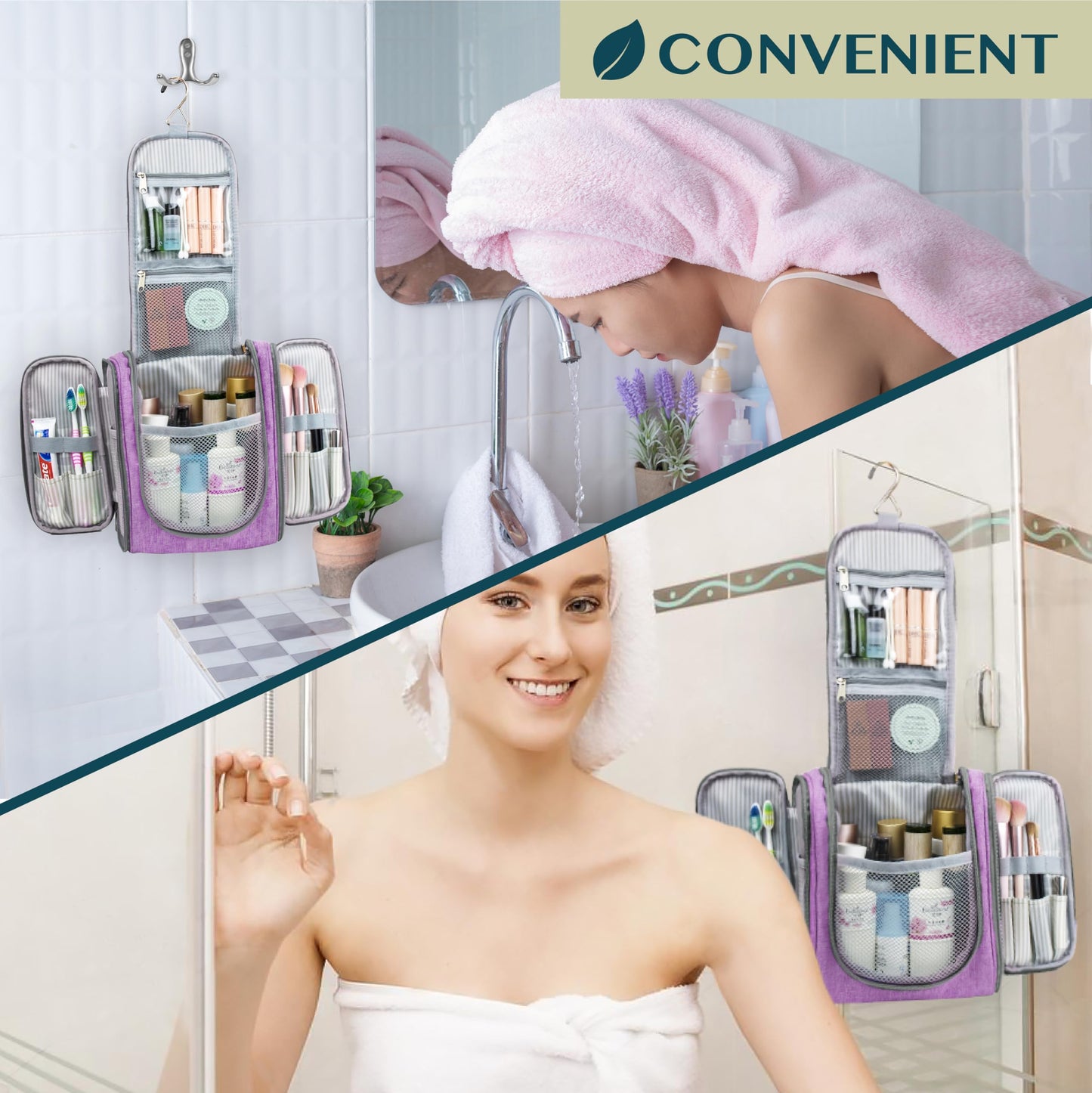 PAVILIA Toiletry Bag Travel Bag for Women Men, Hanging Cosmetic Organizer, Water Resistant Makeup Bag for Accessories Toiletries, Large Travel Essentials Kit (Purple)