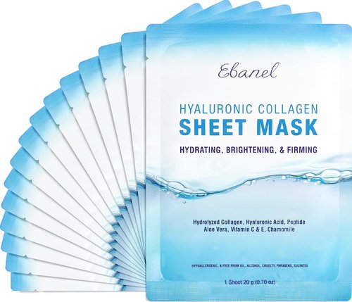 Ebanel Collagen Face Masks - 15 Pack Hydrating & Brightening Sheet Masks with Hyaluronic Acid & Vitamin C
