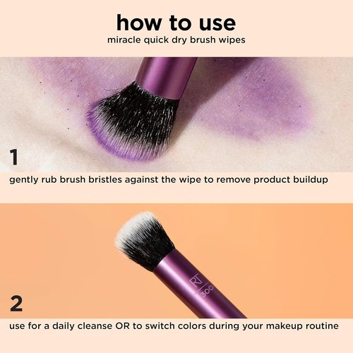 Real Techniques Miracle Quick Dry Brush Wipes - Fast-Drying Makeup Brush Cleaner, 20 Count | Travel-Friendly & Vegan