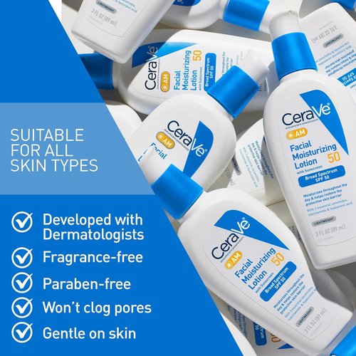 CeraVe AM Facial Moisturizing Lotion SPF 50 - Non-Greasy Face Moisturizer with Hyaluronic Acid & Niacinamide | 3 Oz