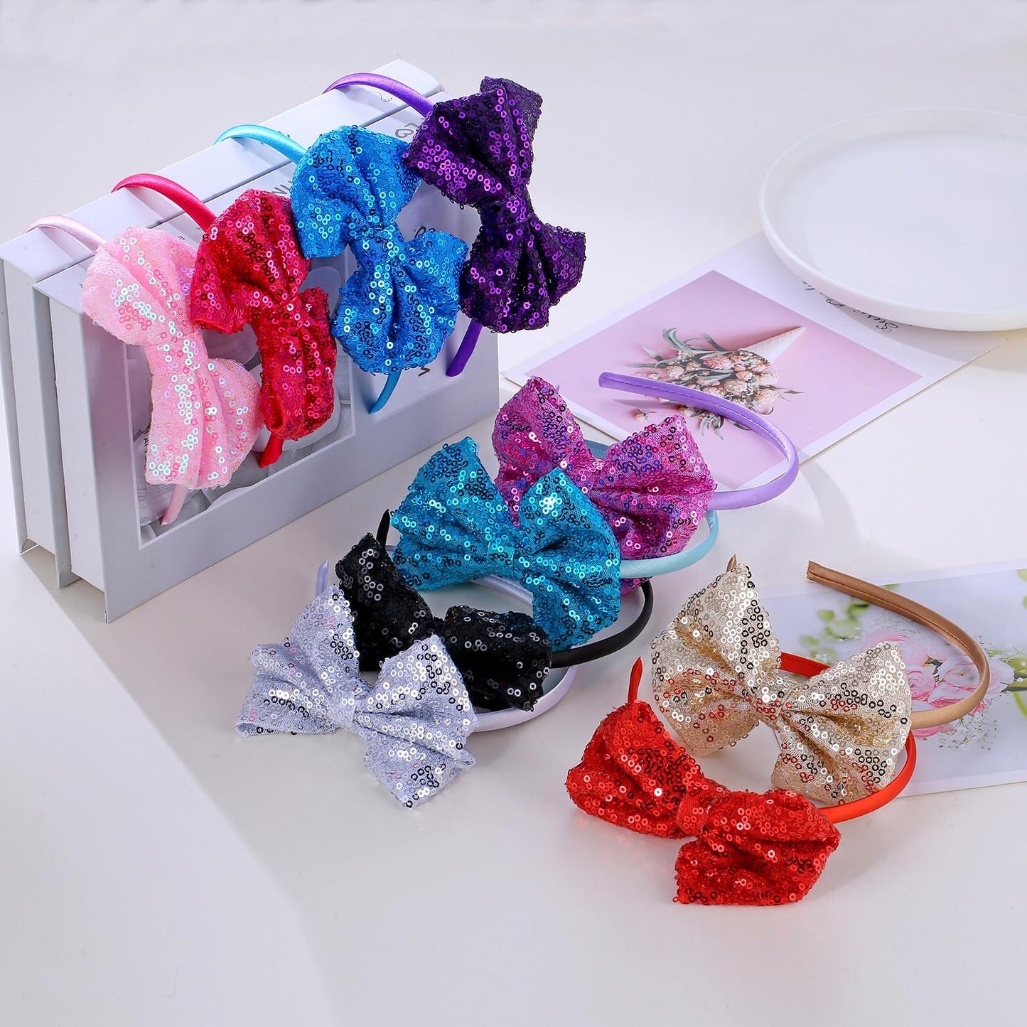 Kiszu Sparkly Sequin Hair Bow Headbands Fashion Glitter Cute Boutique Ribbon Bows for Girls, Kids, and Women (Sliver,Peacock Green)