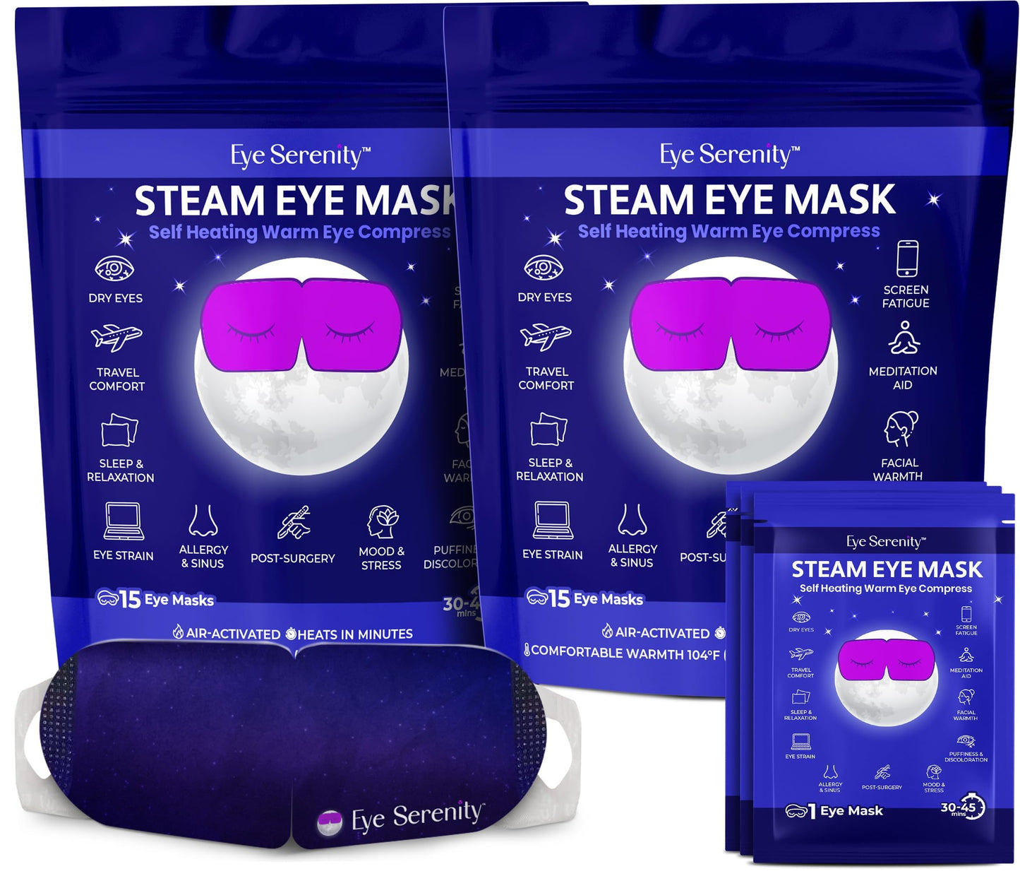 Steam Eye Mask for Dry Eyes | Warm Compress Eye Mask for Puffy Eyes & Comfort | Eye Serenity Self-Heating Eye Masks for Sleeping, Travel & Relaxation for Men & Women (2 Pack)