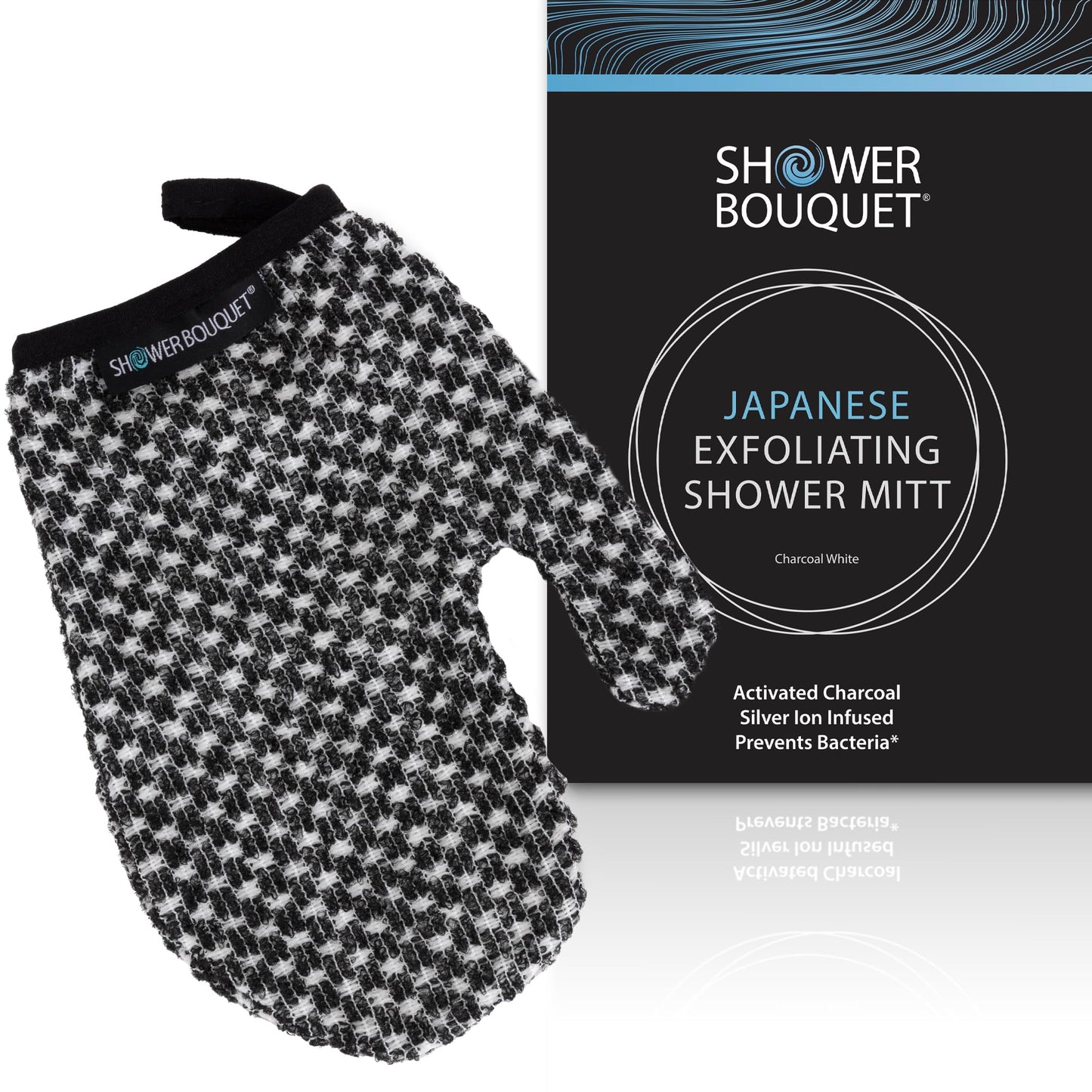 Japanese Exfoliating Mitt for Shower [1-Pack, White] - Charcoal & Silver Ion Exfoliating Glove - Gentle Exfoliation & Deep Cleansing Shower Mitt - Exfoliating Body Scrubber Glove, Soft Fabric Inside