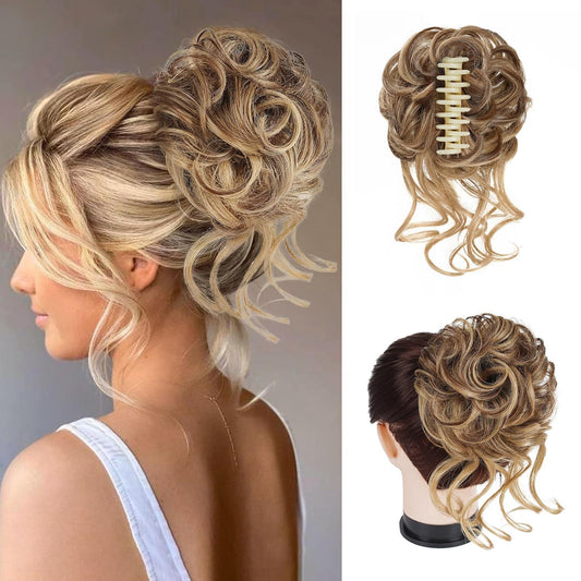 Foaoit Messy Bun Hair Piece for Updos Claw Clip Bun Hair Accessories for Women Messy Wavy Curly Fake Hair Bun Extensions Synthetic Hair Extensions (Light Brown mix Blonde)