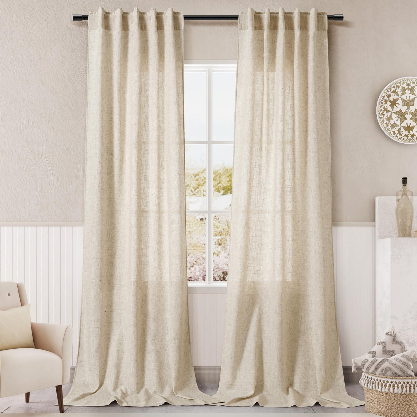 Nanspring Natural Linen Curtains for Kitchen Windows Over Sink - Cafe Curtain Semi Sheer with Rod Pocket and Back Tab Lightweight Rustic Textured Bistro Curtains for Bathroom, 2 Panels 25 x 24 Inch