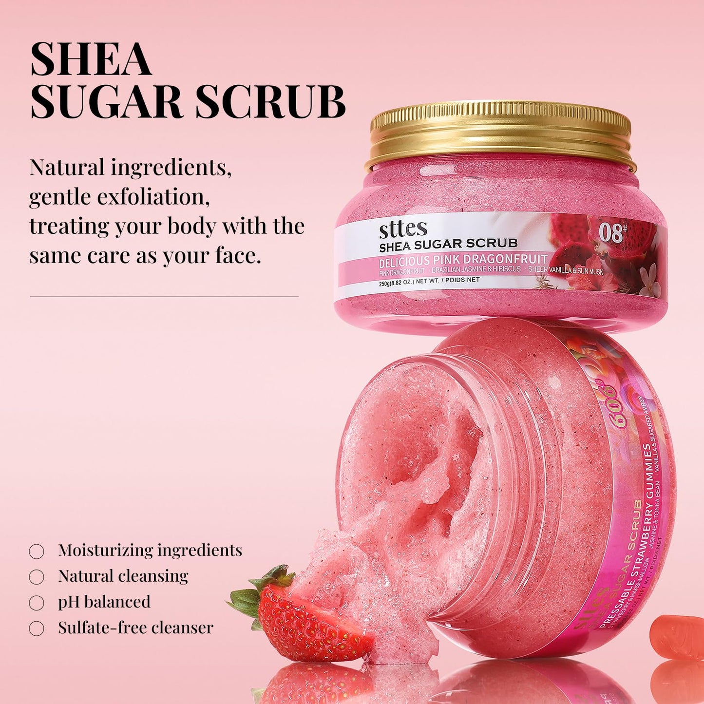 Sttes Smell Rio Shea Sugar Body Scrub 606 (Pressable Strawberry Gummies) – Strawberry Candy Scent Shower Treatment 250g