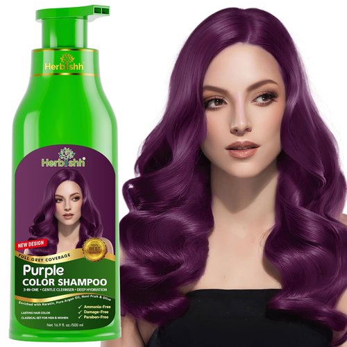 Herbishh Magic Hair Dye Shampoo - Color Gray Hair in Minutes - Long-Lasting Ammonia-Free Treatment (Purple) - 500ml