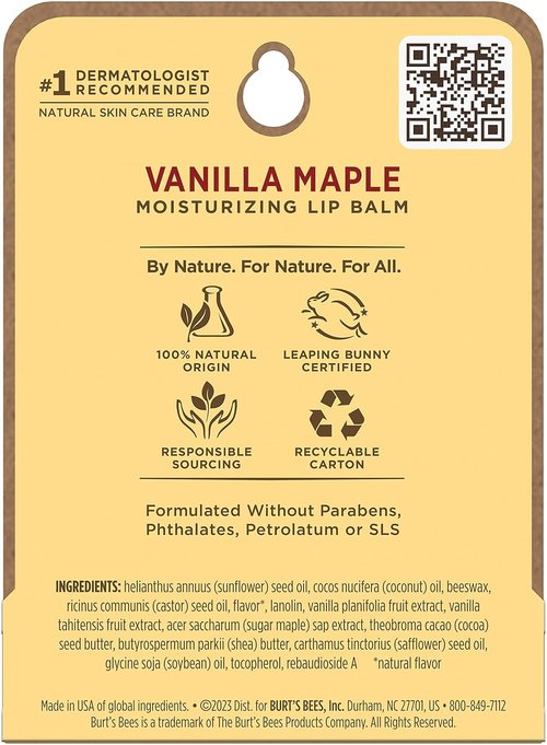 Burt's Bees Vanilla Maple Lip Balm - Moisturizing Formula for Unisex | 0.15 oz Natural Hydration