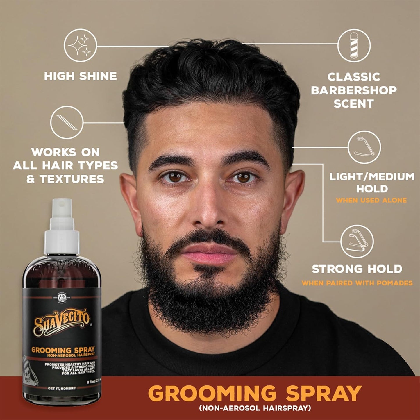 Suavecito Grooming Non-Aerosol Hairspray - 8 oz | Classic Barber Scent, Strong Hold for All Hair Types
