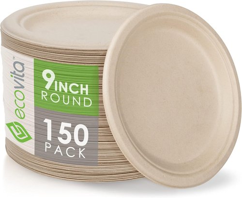 Ecovita 100% Compostable Paper Plates - 9-Inch Eco-Friendly, Sturdy & Heat Resistant | 150 Count