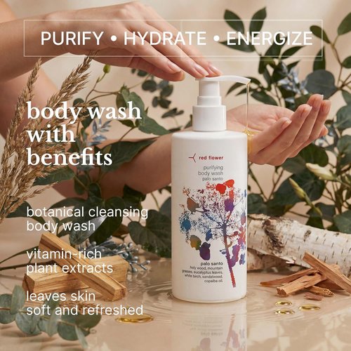 Red Flower Palo Santo Purifying Body Wash - Hydrating Botanical Shower Gel with Organic Extracts (10 oz)