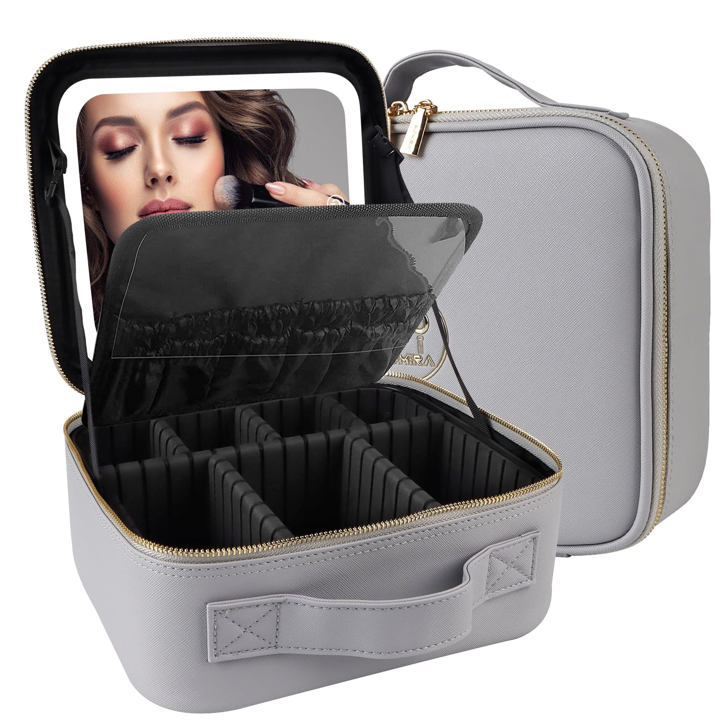 MOMIRA Travel Makeup Bag Cosmetic Bag Makeup Organizer Bag with Large Lighted Mirror 3 Color Scenarios Adjustable Brightness, Waterproof Makeup Travel Case(Grayish)