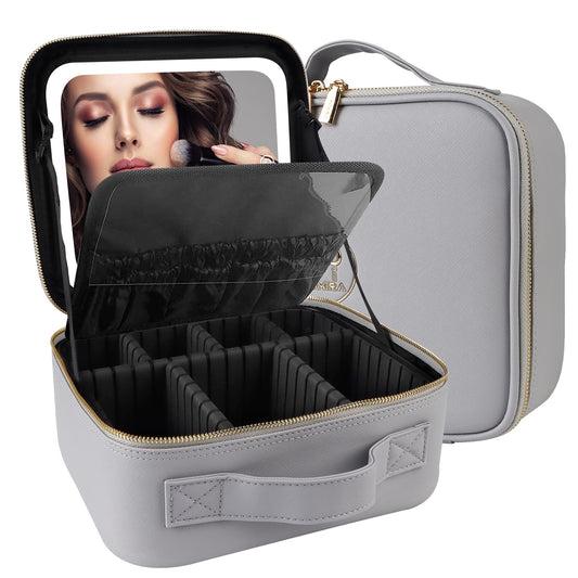 MOMIRA Travel Makeup Bag Cosmetic Bag Makeup Organizer Bag with Large Lighted Mirror 3 Color Scenarios Adjustable Brightness, Waterproof Makeup Travel Case(Grayish)