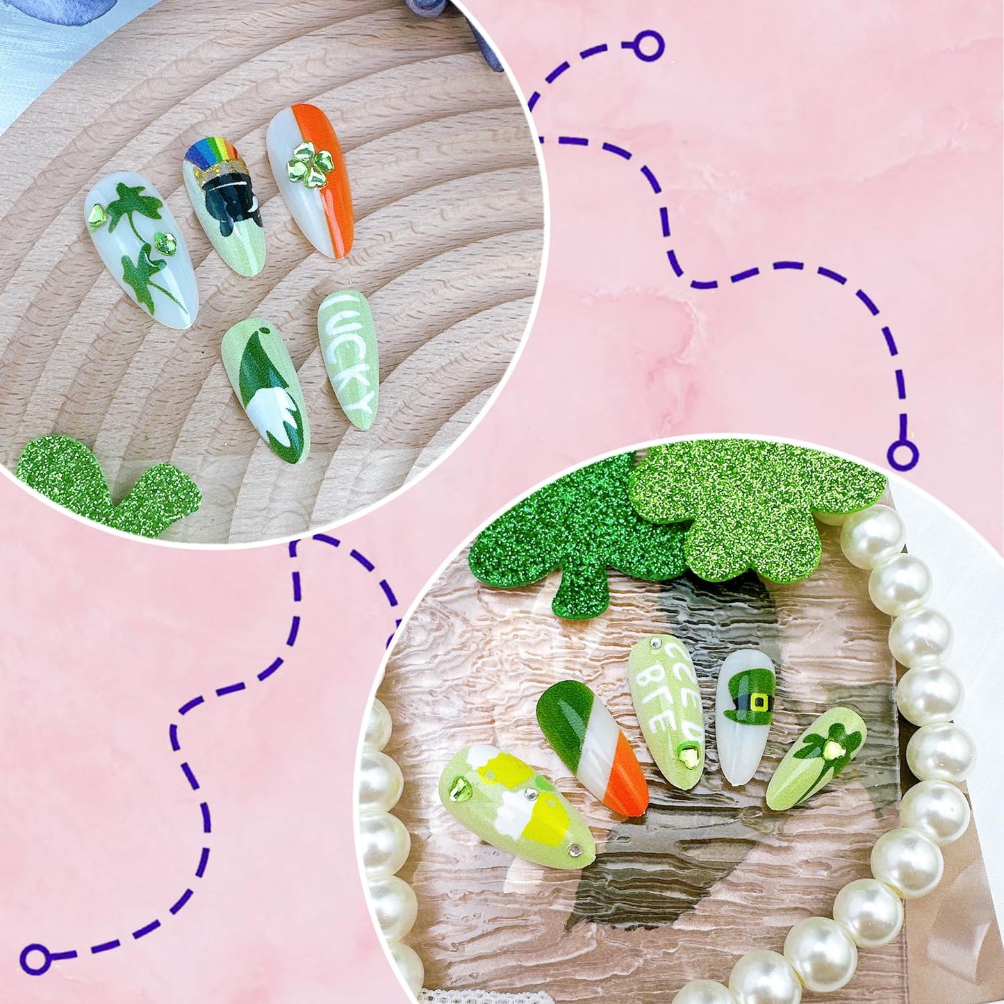 24Pcs St Patrick's Day Press on Nails Short Square Gold French Tip Fake Nails with Gold Rhinestones Horseshoe Rainbow Shamrocks False Nails St Patricks Day Acrylic Nails Irish Stick on Nails for Women