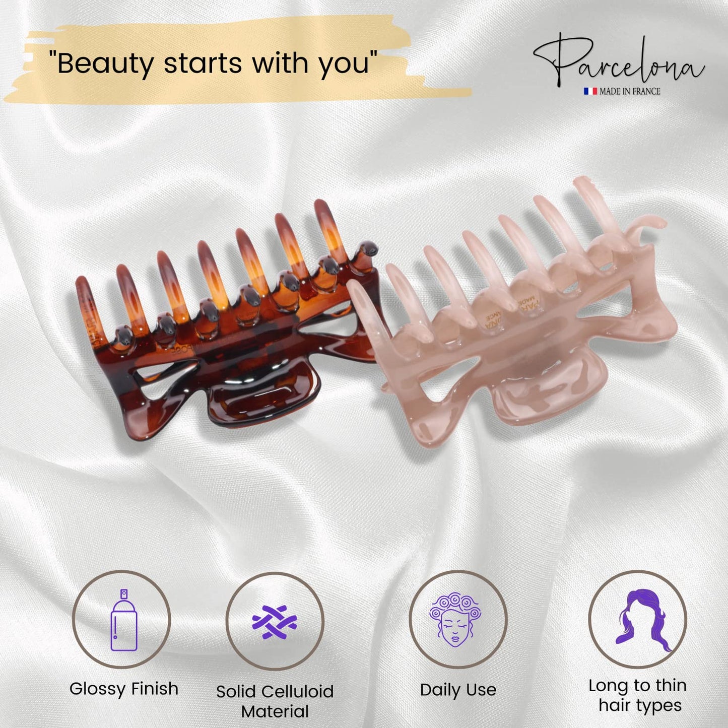 Parcelona French Classic Small 2.5" Celluloid Jaw Hair Claw Clips for Women and Girls (Blush Pink-Tortoise Shell)