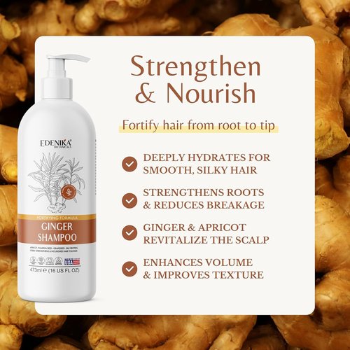 Edenika Botanicals Ginger Root Shampoo - Fortifying Biotin Formula for Hair Regrowth & Scalp Nourishment | 16 fl oz