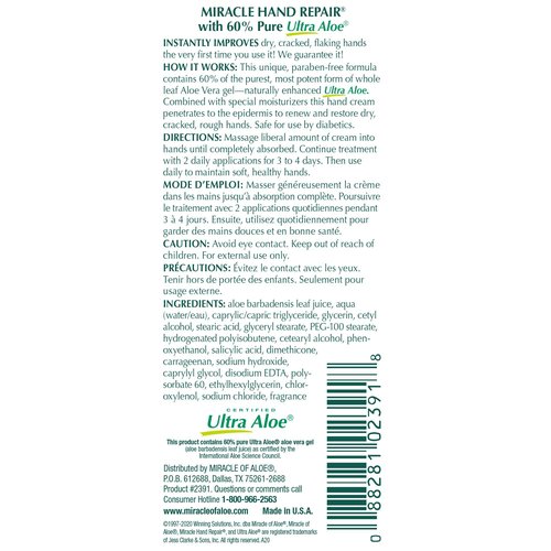 Miracle Hand Repair Cream for Dry Cracked Hands 4 oz Best Healing Hand Cream with 60% Aloe Vera - Non-Greasy Moisturizer for Working Hands - Fast Absorbing Lotion for Extremely Dry Skin (2-Pack)