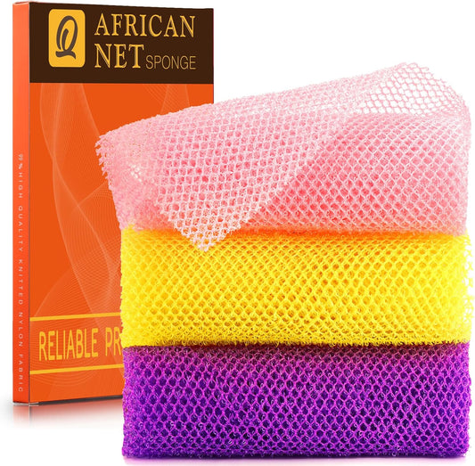 UJFQBH African Bath Sponge Set - Exfoliating Shower Scrubber for Smooth Skin | 3 Colors: Pink, Yellow, Purple
