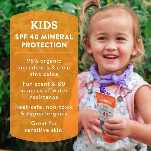 Badger Kids Mineral Sunscreen Cream - SPF 40, 98% Organic, Water Resistant, Reef Friendly | 2.9 fl oz