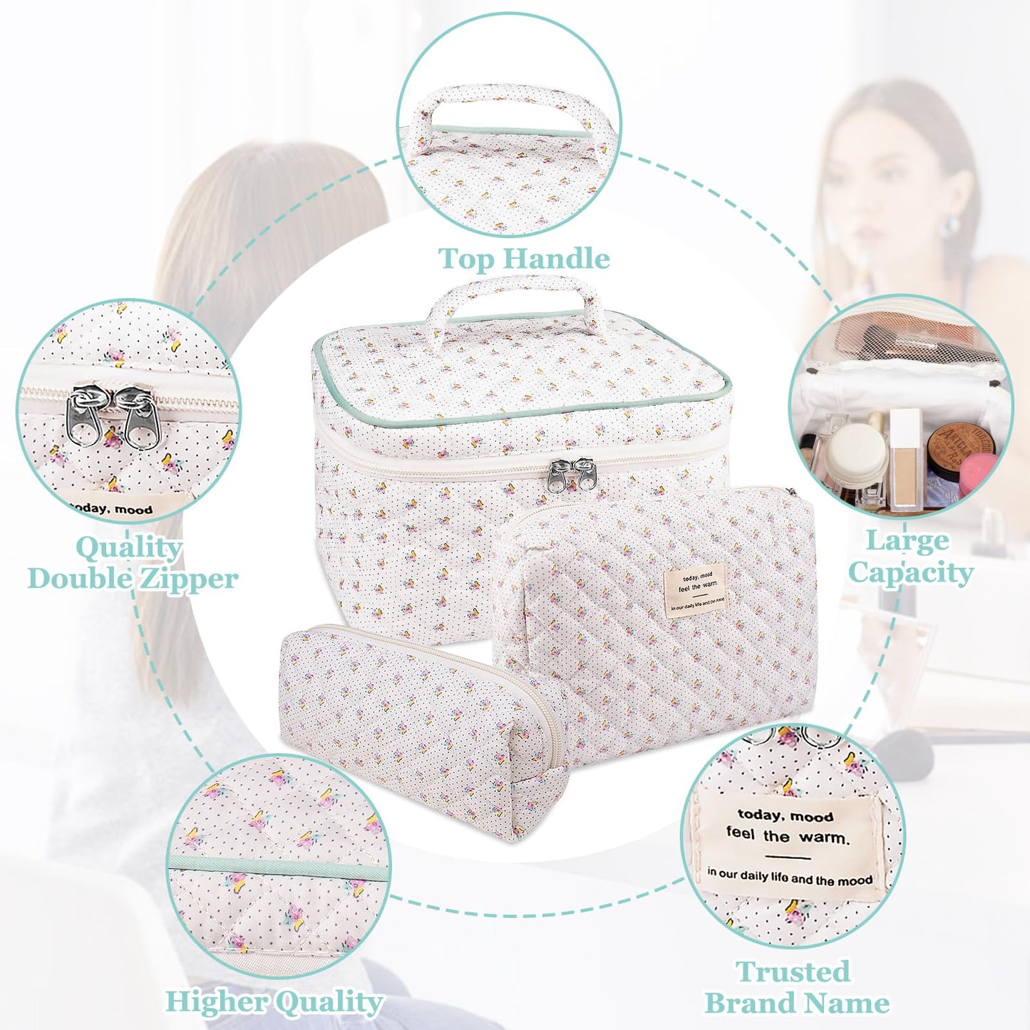 Makeup Bag Set, Quilted Makeup Bag, Large Floral Cosmetic Bag for Women, Cute Cotton Makeup Bag, Flower Travel Toiletry Organizer Bag (Flower)