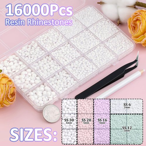 16000Pcs Resin Rhinestones with Tweezers for Crafting, White 2-6mm Mixed Sizes Non Hotfix Flatback Gems, Bedazzling Crystal for DIY Crafts Clothing Tumblers Mugs Shoes Fabric Decor Nail Art