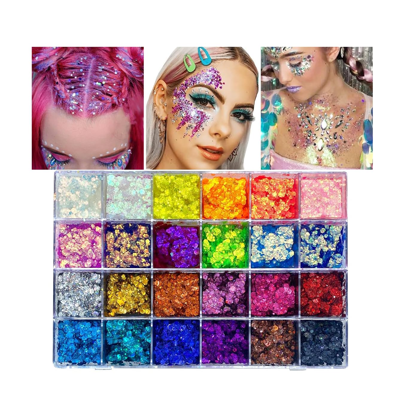 24 Color Pro Pallet - Holographic Body Glitter Gel for Body, Face, Hair - Vegan & Cruelty Free - Electric Bliss Beauty (24 Pack)