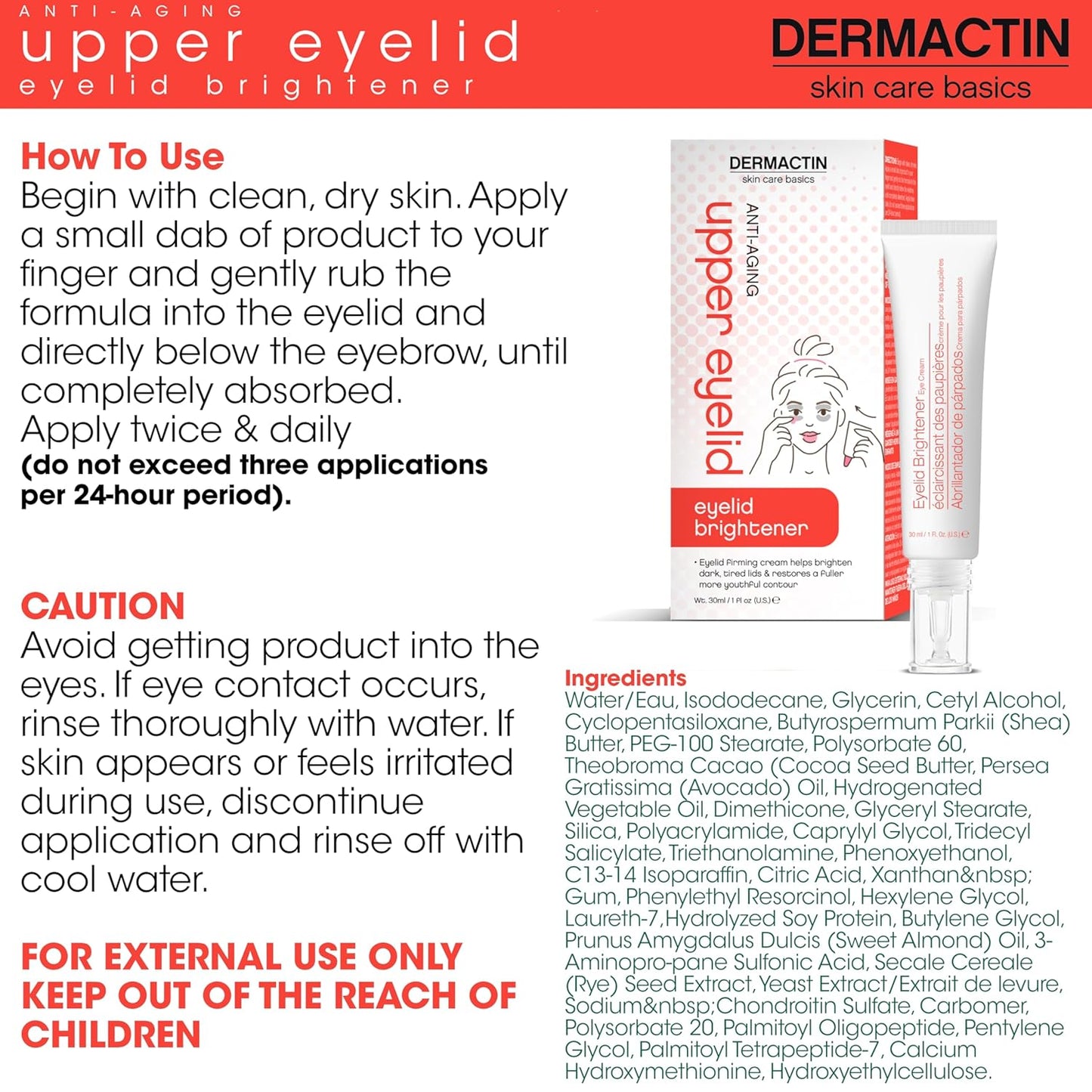 Dermactin Upper Eyelid Cream - Firm & Tone Sagging Skin for Youthful Appearance | 1 oz, Sensitive Skin