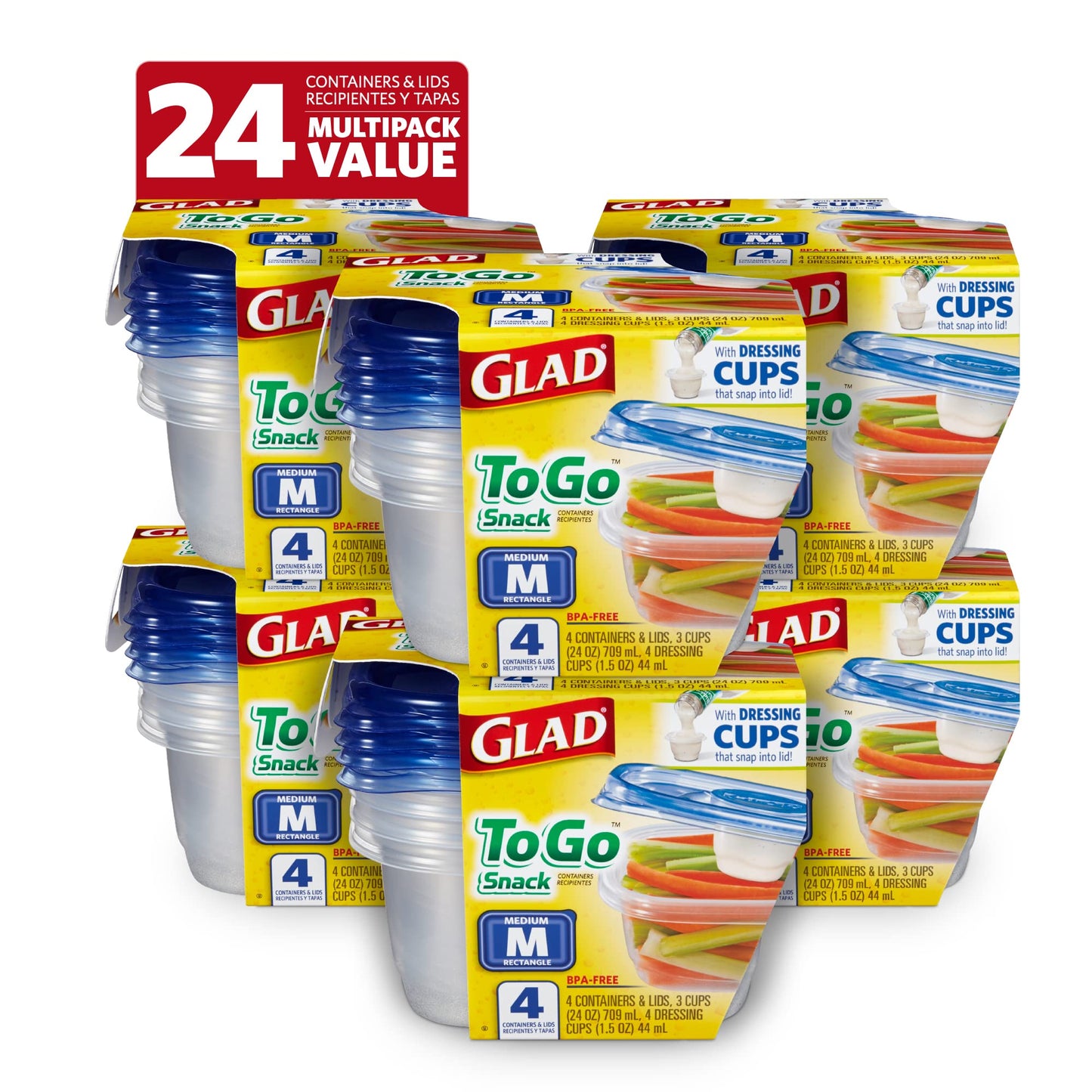 Glad GladWare To Go Snack Food Storage Containers - Medium Round - Meal Container Holds up to 24 Ounces of Food - Lock Tight Seal, 4 Count