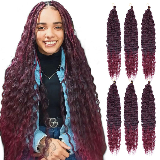 Burgundy Water Wave Crochet Hair Curly Braiding Hair 24 Inch Ocean Wave for Wavy Bohemian Boho Braids 6 Packs