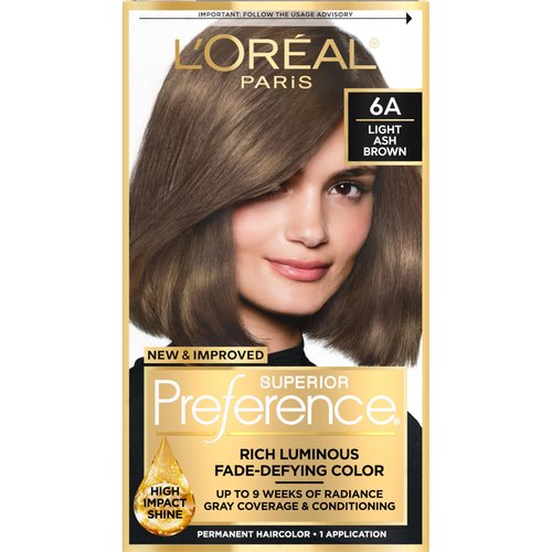 L'Oreal Paris Superior Preference Luminous Fade-Defying Permanent Hair Color, Hair Dye For Up to 9 Weeks of Radiance, Light Ash Brown 6A, 1 Hair Dye Kit