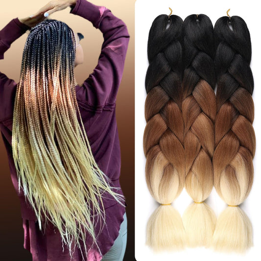 Black Brown Blonde Braiding Hair Extensions Ombre Braiding Hair 3 Packs 24 inch Synthetic Hair for Braiding