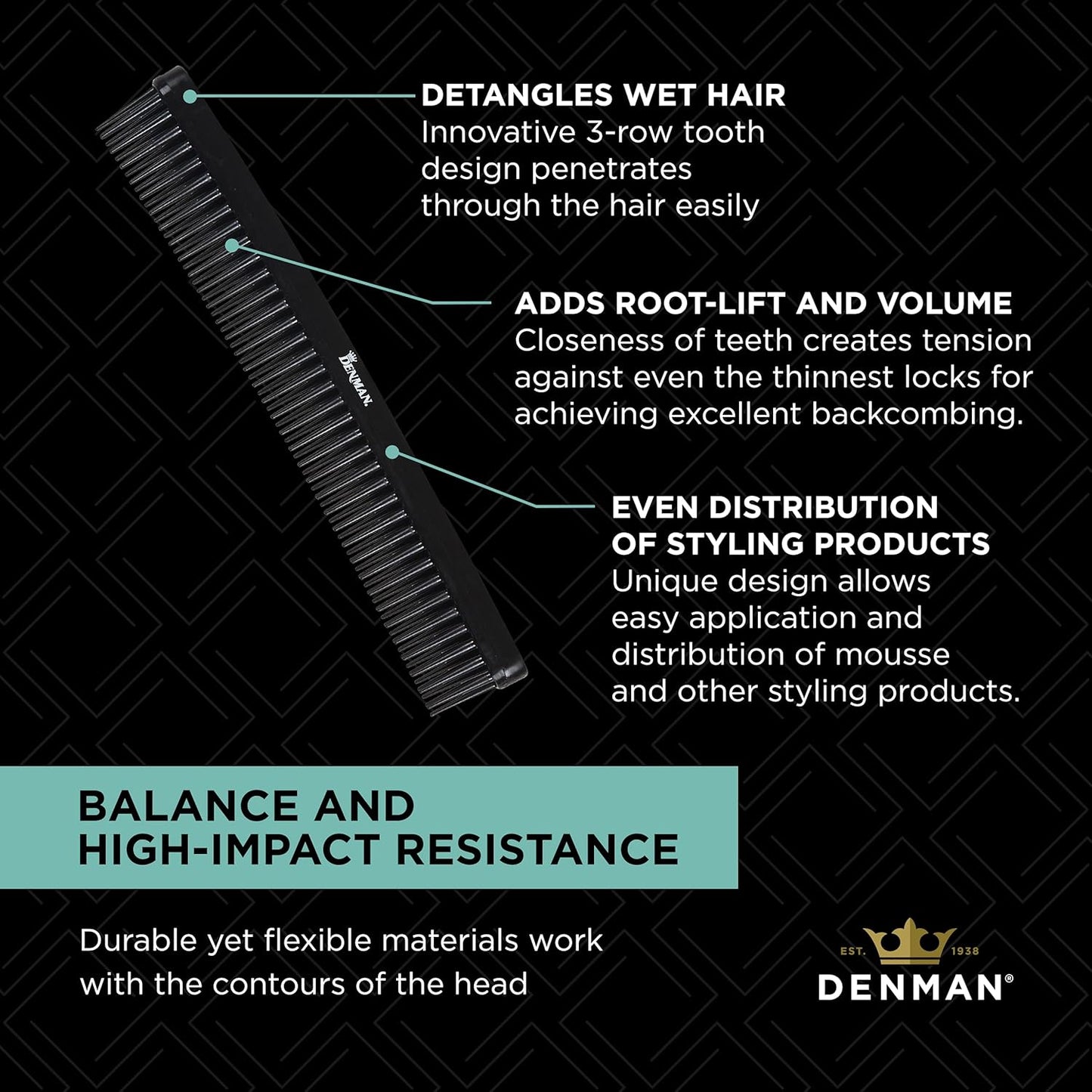 Denman Tame 'n' Tease Comb - Multifunctional Styling Tool in Classic Black