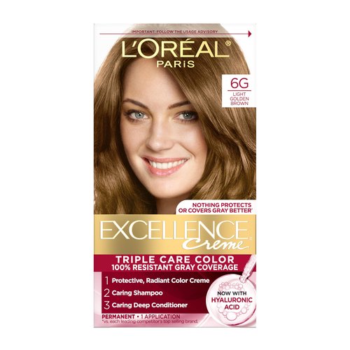 L'Oreal Paris Excellence Crème Permanent Hair Dye, Triple Care Hair Color with Hyaluronic Acid for 100% Gray Coverage, 6G Light Golden Brown, 1 Kit (Packaging May Vary)