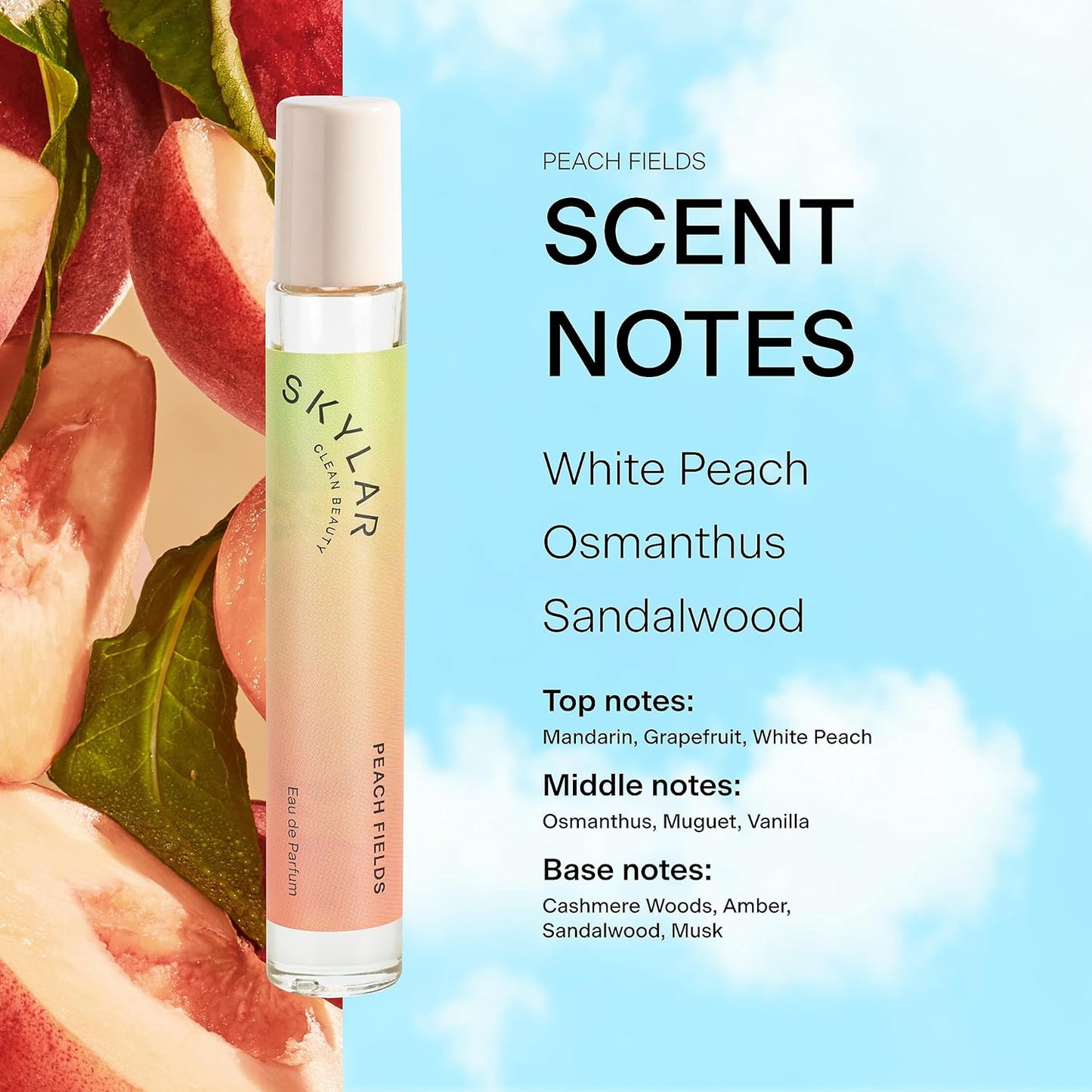 Skylar Peach Fields Eau de Parfum - Hypoallergenic Vegan Perfume for Sensitive Skin - 10mL Sweet Citrus Fragrance
