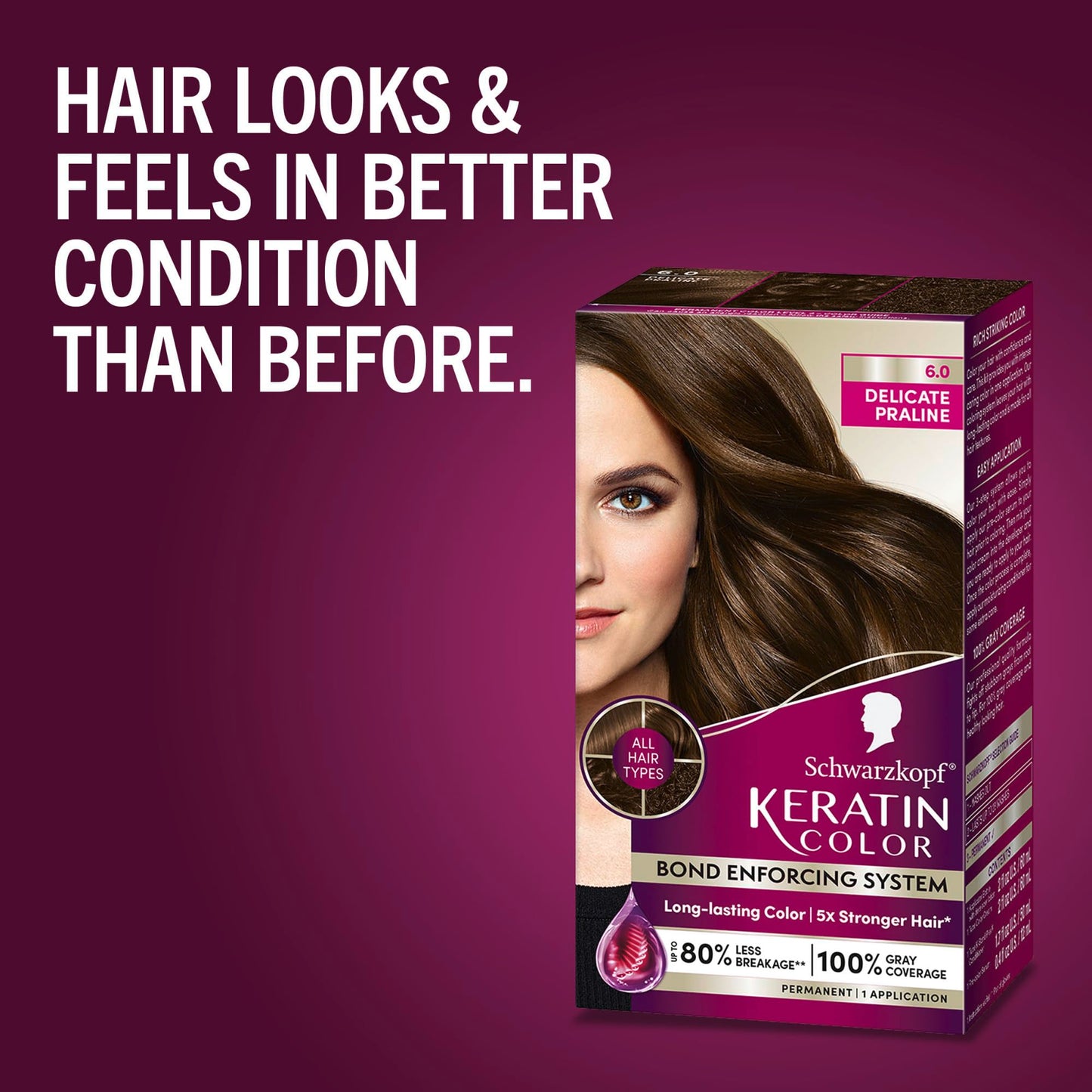 Schwarzkopf Keratin Permanent Hair Dye Cream, 6.0 Delicate Praline, Professional Quality Color for Up to 100% Gray Coverage, Bond Enforcing System