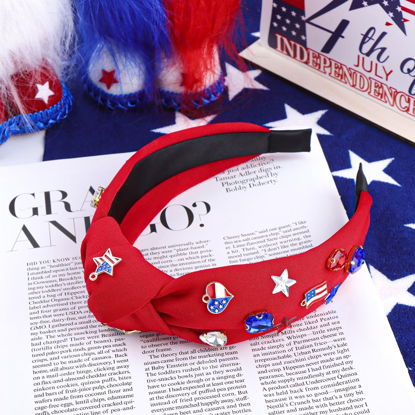 YanJie 4th of July Patriotic Headbands for Women American Flag Headband Rhinestone Crystal Star USA Knottted Headbands Red and Blue Wide Hairband Hair Accessories Gift Red