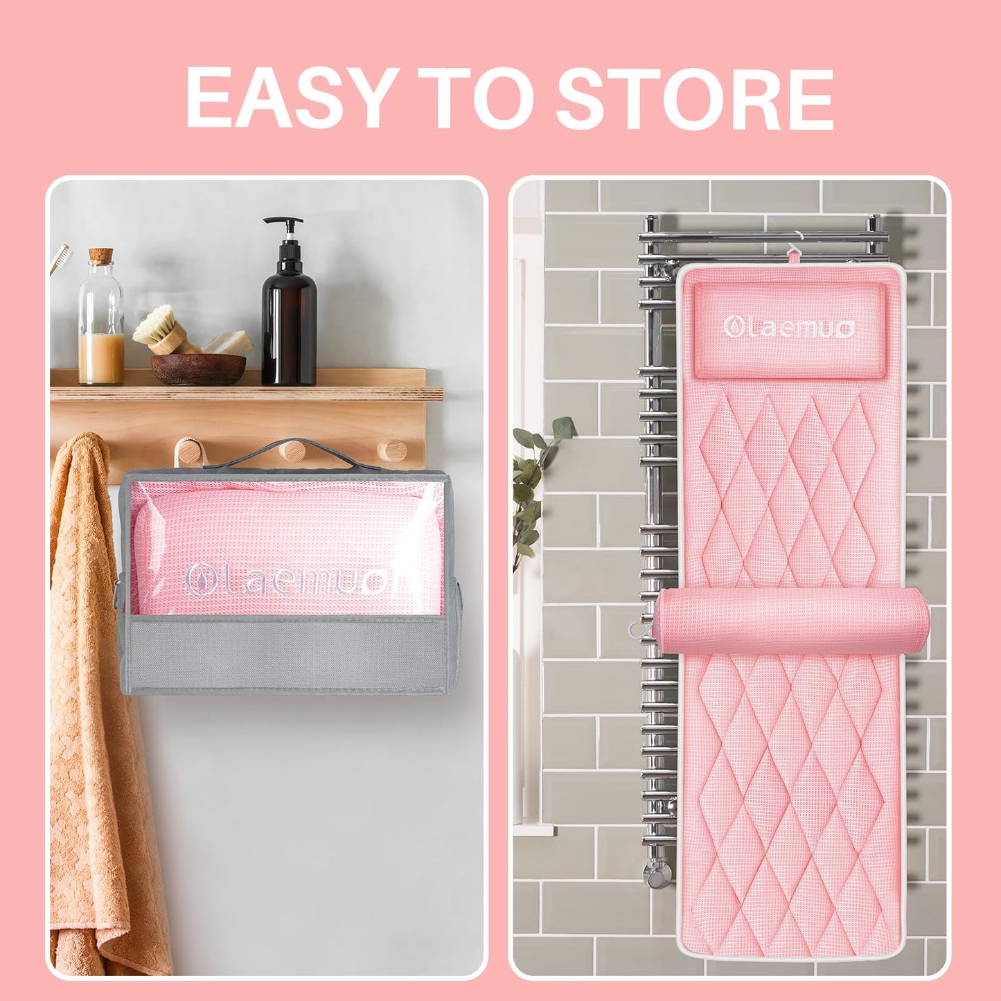 Full Body Bath Pillow Bathtub Pillows-Removable Lumbar Cushion with 17 Non-Slip Suction Cups 4D Air Mesh Fit Any Tub Luxury Bathroom Accessories-Pink