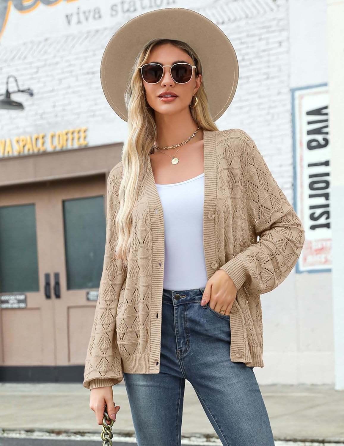 Zeagoo Women's Lightweight Crochet Cardigan - V Neck Long Sleeve Button-Up Bolero Sweater
