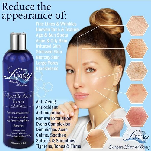 Glycolic Acid Toner - AHA & BHA Facial Toner with Organic Witch Hazel | Hydrating 8 oz for Acne-Prone Skin