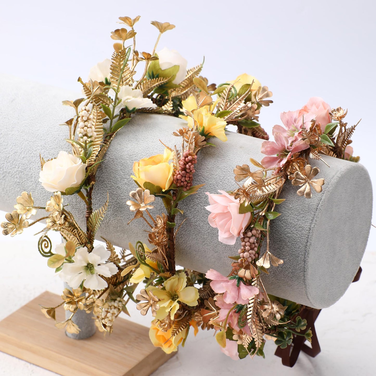 KorViSHOW Vintage Rose Flower Crown - Golden Leaves White Classic Flower Headband Fairy Elegant Flower Headpiece for Women Girls Christmas Mucic Festivals Photo Prop