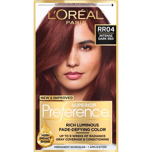 L'Oreal Paris Superior Preference Luminous Fade-Defying Permanent Hair Color, Hair Dye For Up to 9 Weeks of Radiance, Intense Dark Red RR-04, 1 Hair Dye Kit