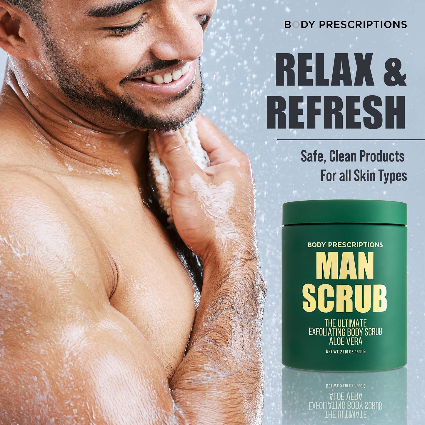 Body Prescriptions Men’s Exfoliating Body Scrub – Ultimate Skin Cleansing Wash in Jar with Twist-Top Lid, For All Skin Types, 21 Ounce (Pack of 4), Aloe Vera