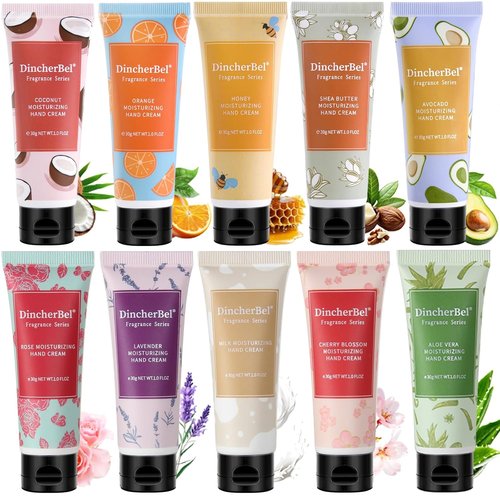 DincherBel Hydrating Hand Cream Set - 10 Travel Size Non-Greasy Lotions for Dry Skin | 1.0 oz Each