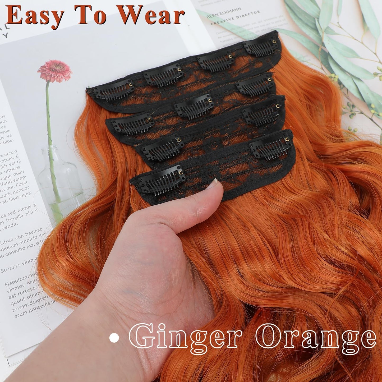 NAYOO Clip in Curly Hair Extensions 4PCS Long Wavy Synthetic Thick Hairpieces with Fiber Double Weft for Women Hair Full Head (20 Inch, Ginger Orange)