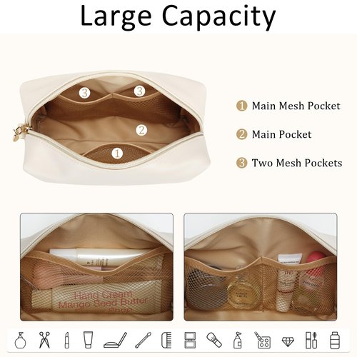CLOUDWINGS Gifts for Women Bridesmaid Gifts Personalized Initial Makeup Bag PU Leather Cosmetic Waterproof Travel Toiletry Bag (Beige A)