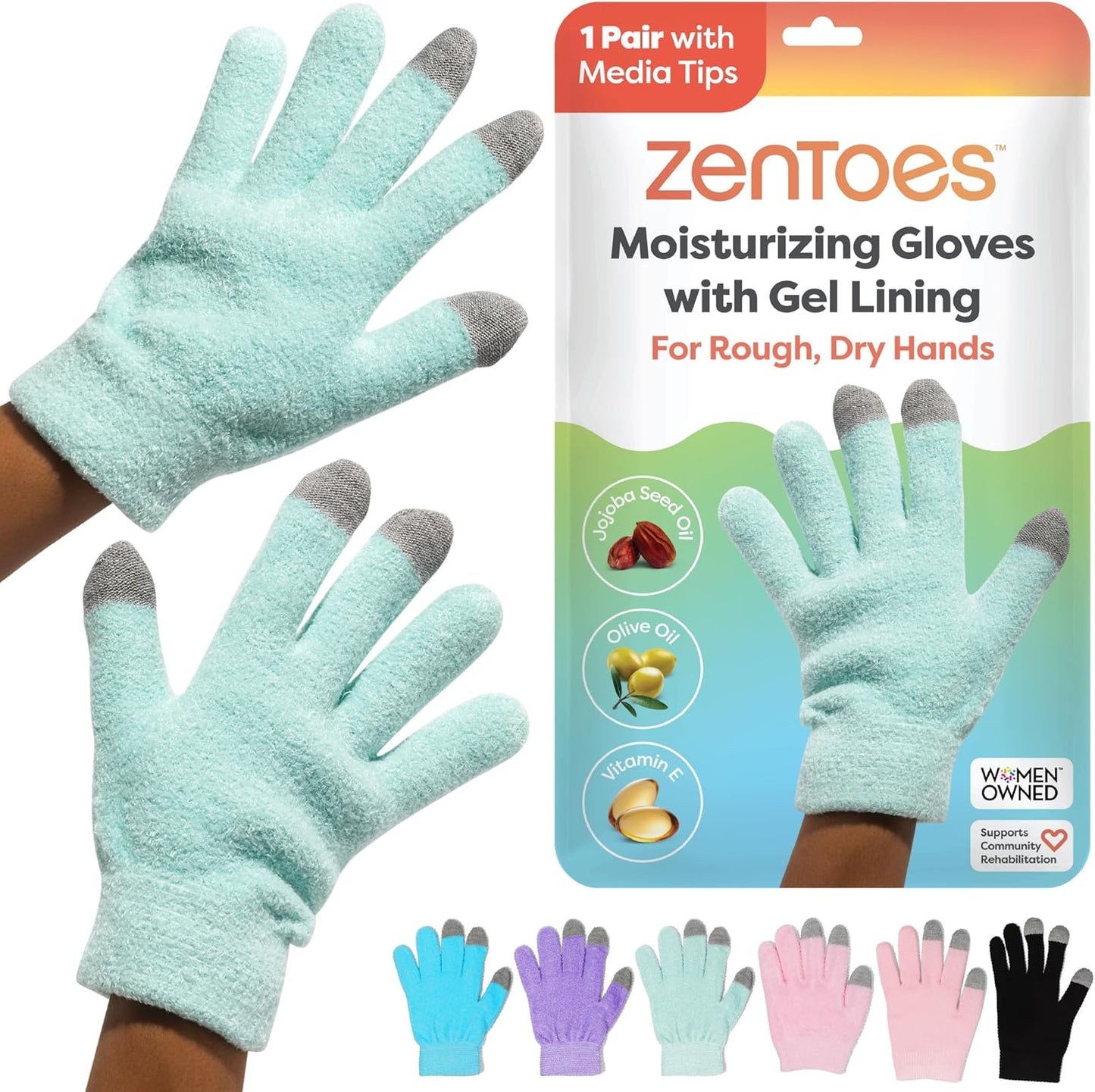 ZenToes Moisturizing Gloves - Gel-Infused Overnight Hand Treatment with Jojoba & Vitamin E | Fuzzy Mint Green